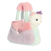 A pastel pink, lavender, and mint carrier with a crowned kitty plush inside from Fancy Pals by Aurora