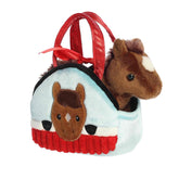 A red barn-themed carrier with a removable brown pony plush inside from Fancy Pals by Aurora.
