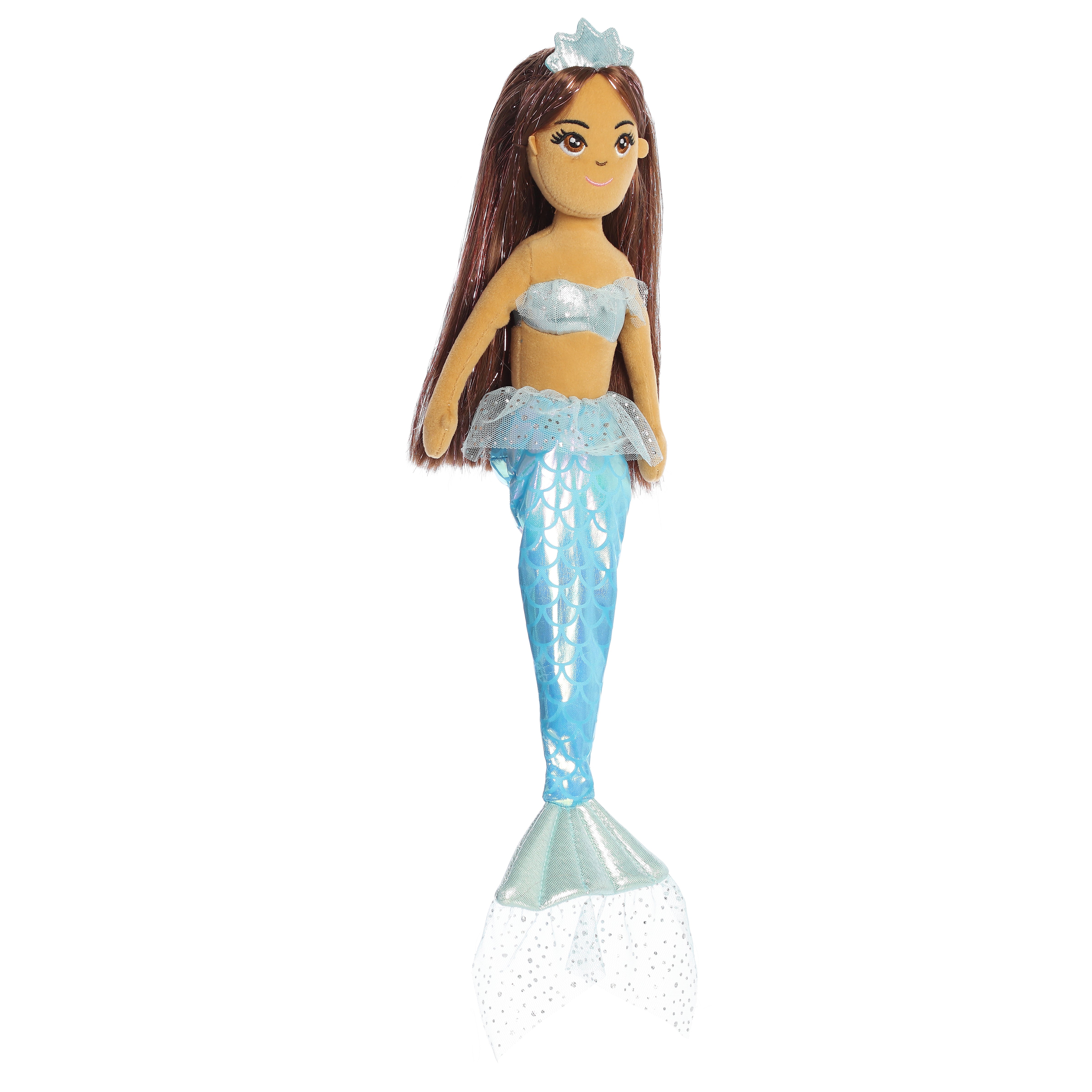 A blue-tailed mermaid plush toy from Sea Sparkles by Aurora with brown flowing hair and a delicate tiara.