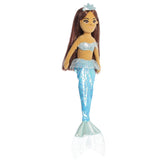 A blue-tailed mermaid plush toy from Sea Sparkles by Aurora with brown flowing hair and a delicate tiara.