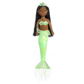 A green-tailed mermaid plush toy from Sea Sparkles by Aurora with long black hair and a silver crown.