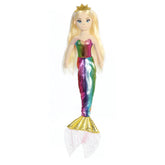 A rainbow-tailed mermaid plush toy from Sea Sparkles by Aurora with blonde hair and a gold crown.