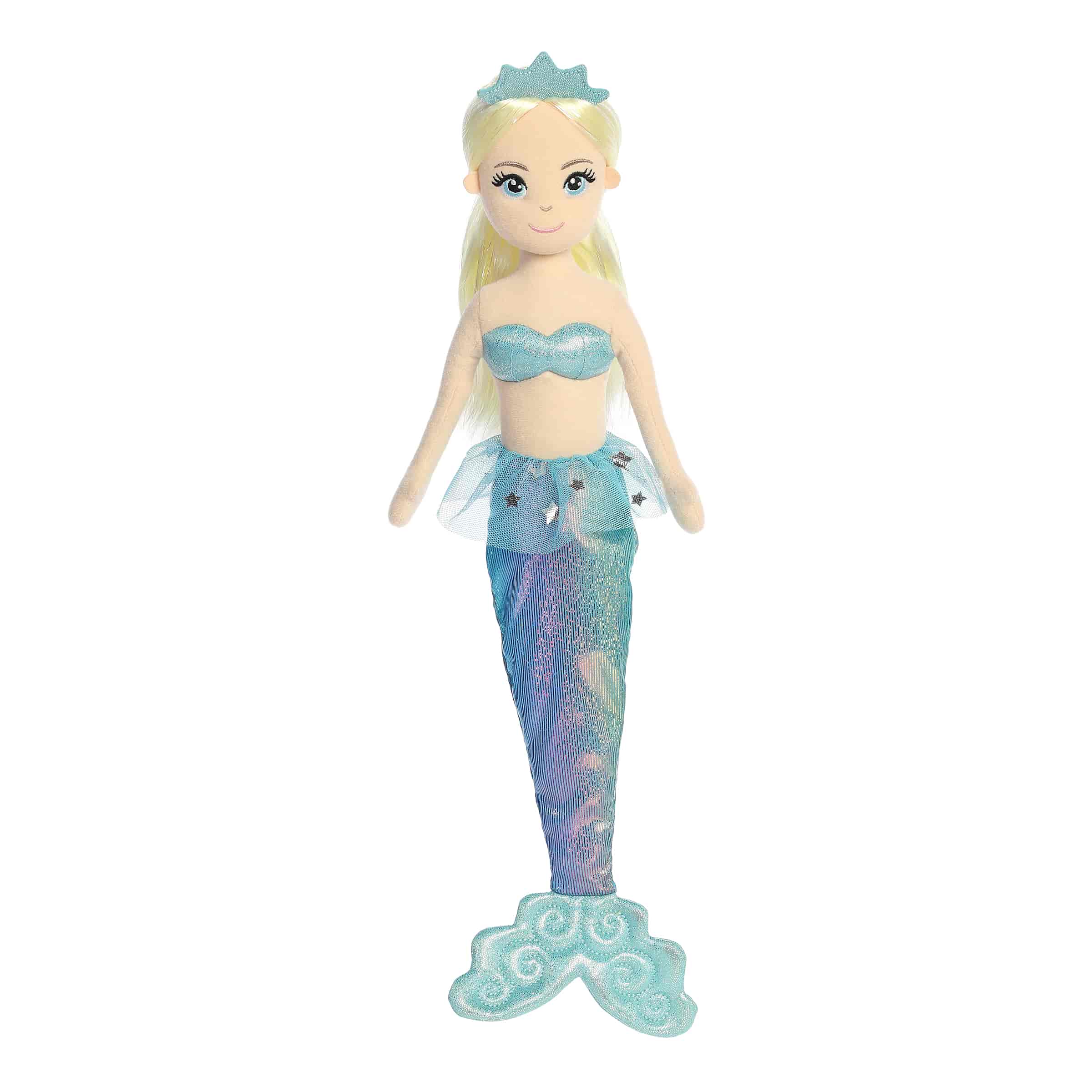 A blonde mermaid plush with a blue top and shimmering rainbow tail from Sea Sparkles by Aurora.