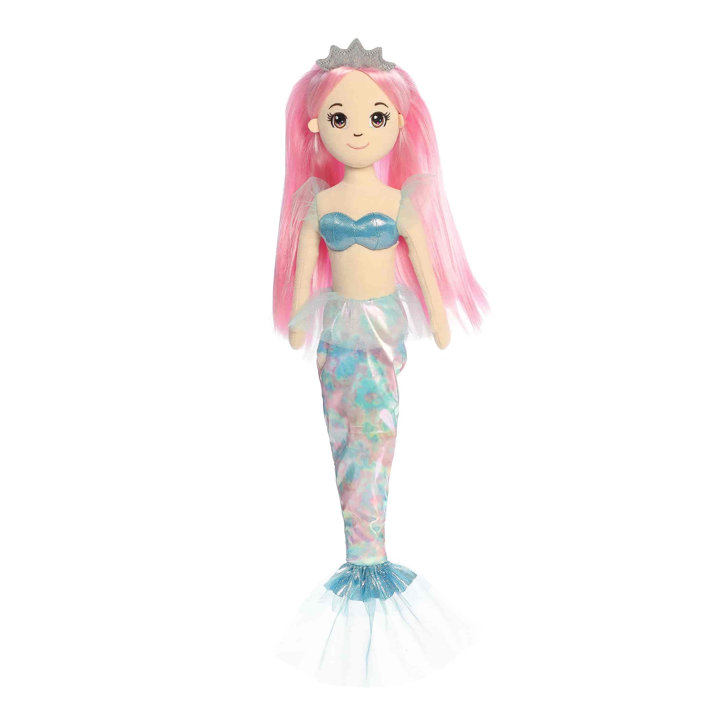 A pink-haired mermaid plush with a pearlescent blue and lavender tail from Watercolor Skies by Aurora.