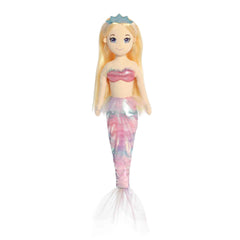 A golden-haired mermaid plush with a pink and seafoam iridescent tail from Watercolor Skies by Aurora