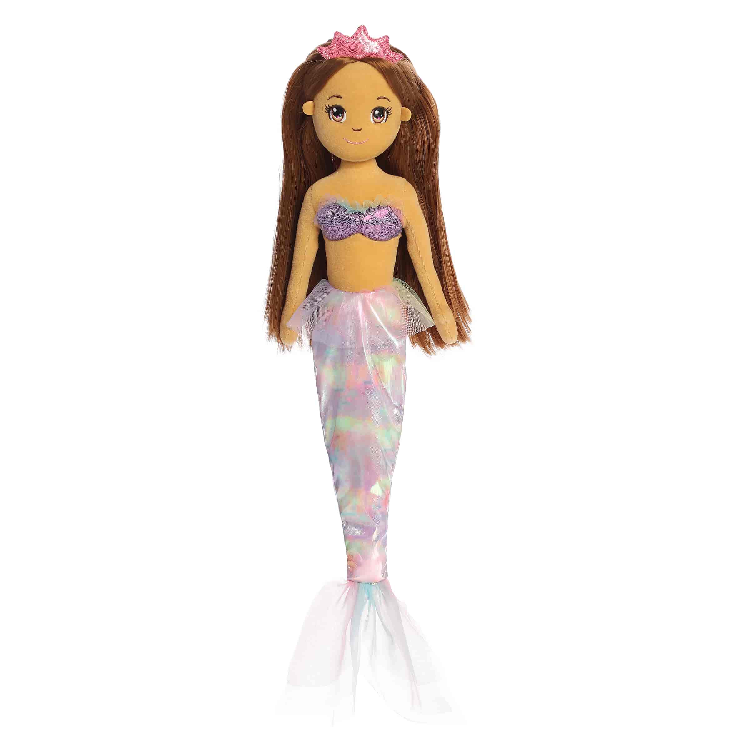 A chestnut-haired mermaid plush with a pastel pink and lilac tail from Watercolor Skies by Aurora.