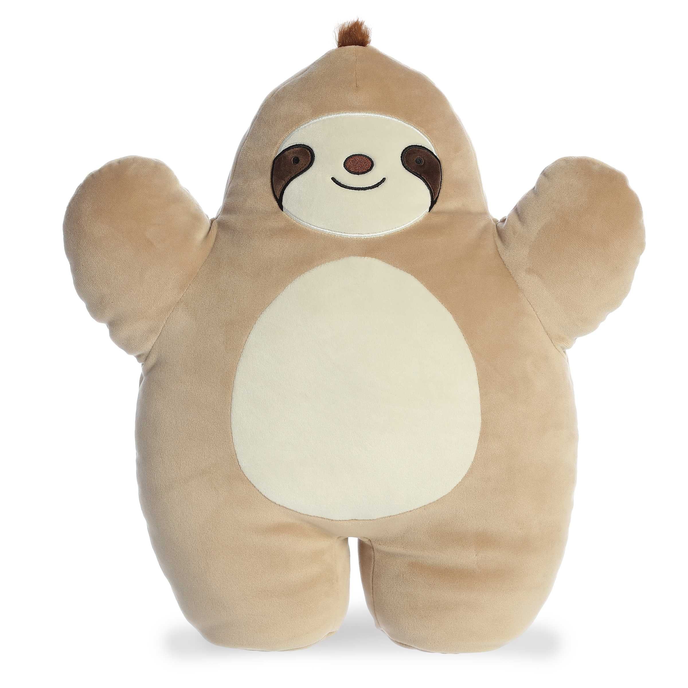 Cuddly sloth plush toy with a light brown body and dark brown fur on head, dark brown accents on its eyes, and a smiling face