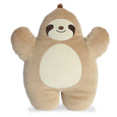 Cuddly sloth plush toy with a light brown body and dark brown fur on head, dark brown accents on its eyes, and a smiling face