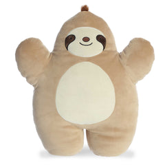 Cuddly sloth plush toy with a light brown body and dark brown fur on head, dark brown accents on its eyes, and a smiling face