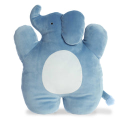 Cuddly soft elephant plush toy with a warm blue body and trunk, light blue design on the center, and round black eyes
