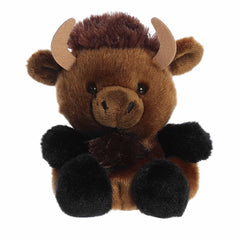 Billy Bison plush, chocolate-brown with dark tufts and curved horns, from Palm Pals