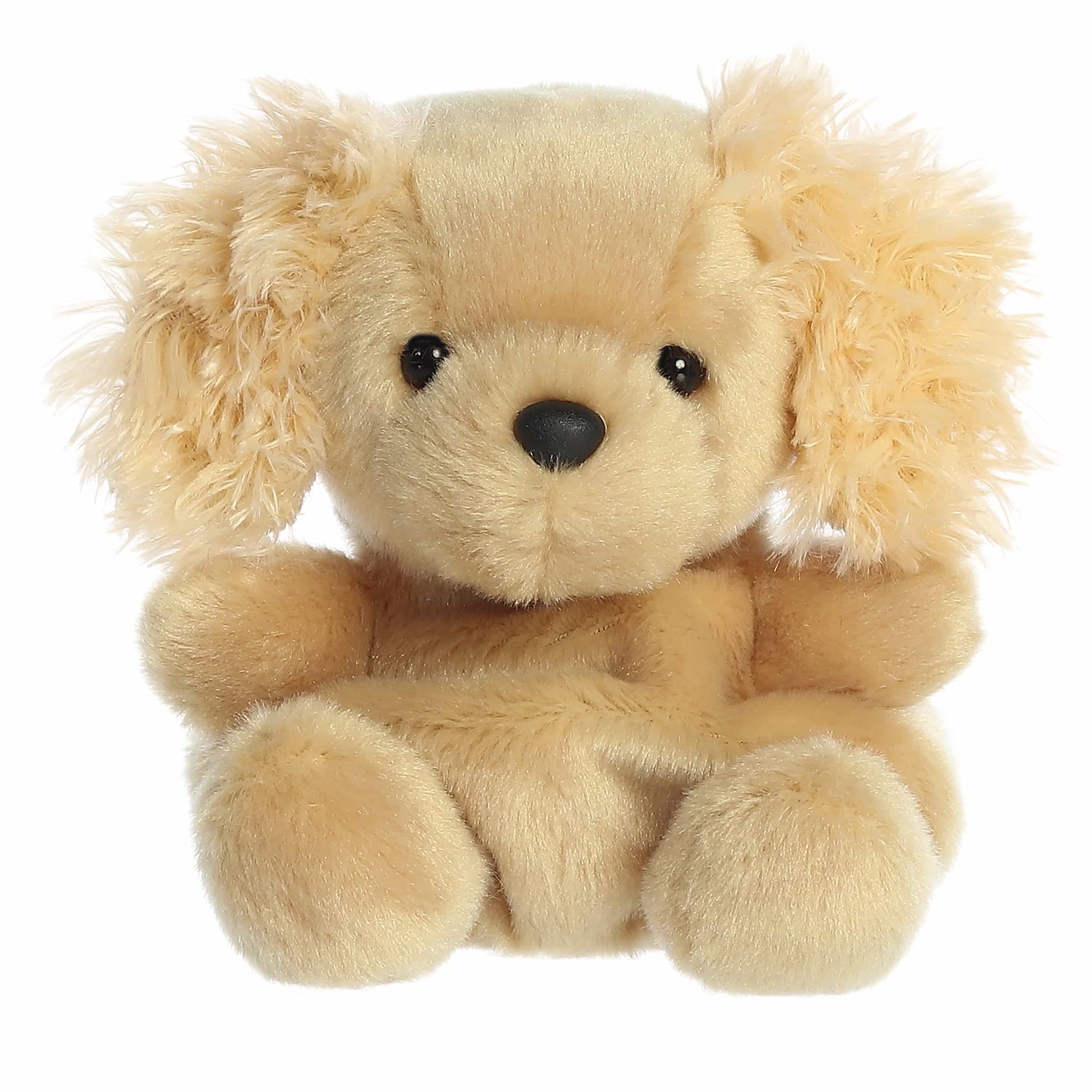 Oatmeal Goldendoodle plush, golden fur with curly ear hair, expressive dark eyes, from Palm Pals.