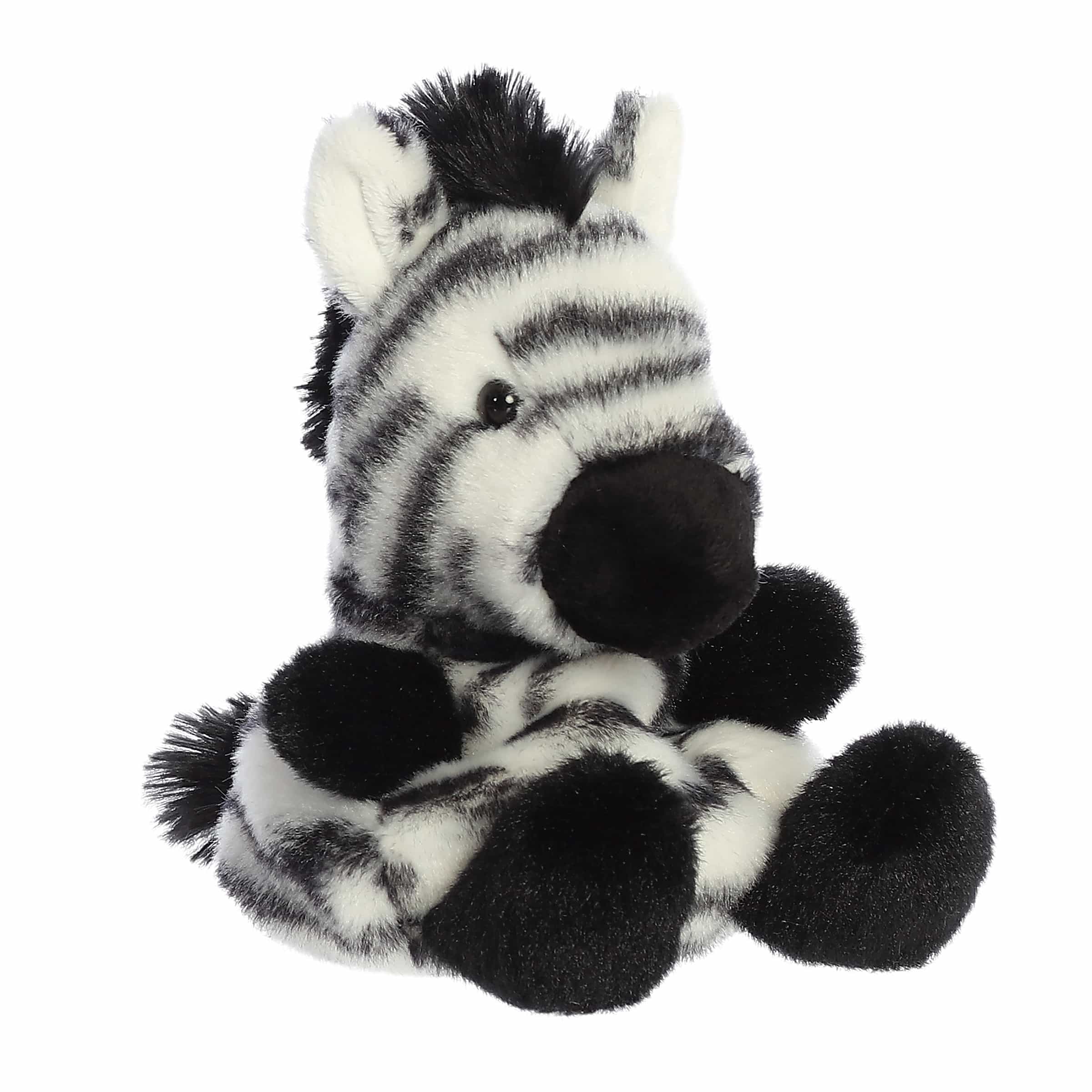 Grévy Zebra plush, bold black and white stripes with black hair tuft and deep black hooves.