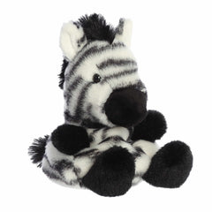 Grévy Zebra plush, bold black and white stripes with black hair tuft and deep black hooves.