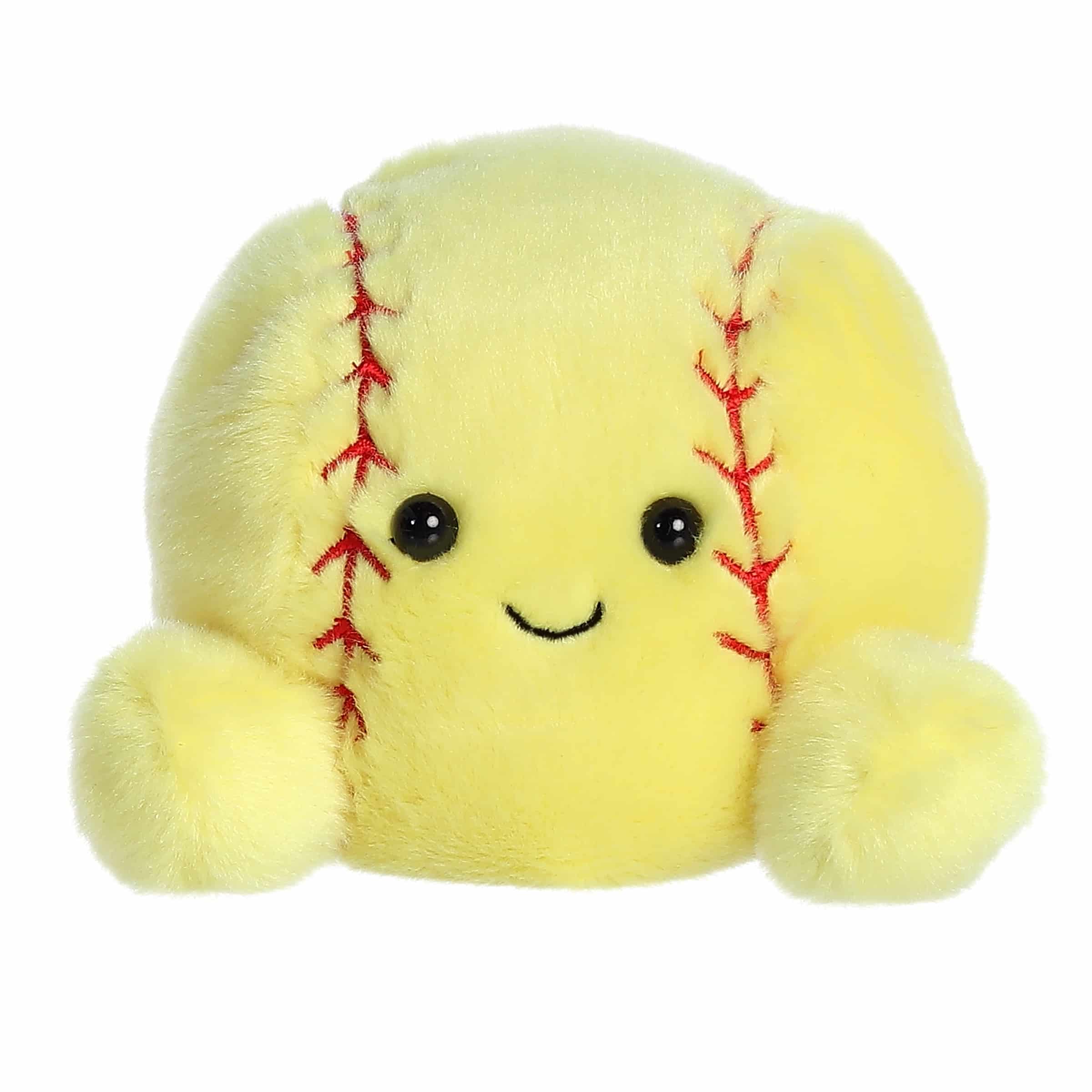 Soft Ball plush from Palm Pals, mimicking a real softball with bright yellow color and red stitching