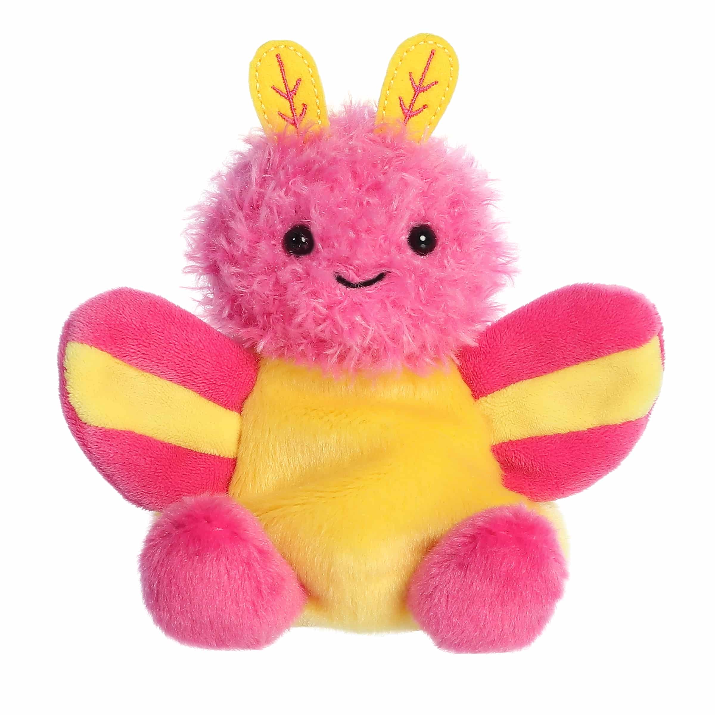 Rosy Maple Moth plush from Palm Pals, featuring a striking pink and yellow body with soft wing-like flaps