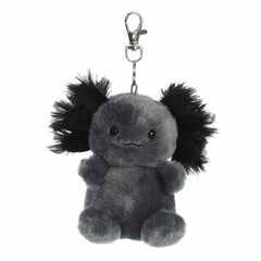Axolotl Clip-On from Palm Pals, featuring a smoky gray plush body with vibrant fluffy gills