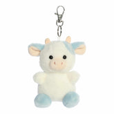 Blueberry Cow plush Clip-On from Palm Pals, featuring a soft white and blue body with playful patches and blue ears
