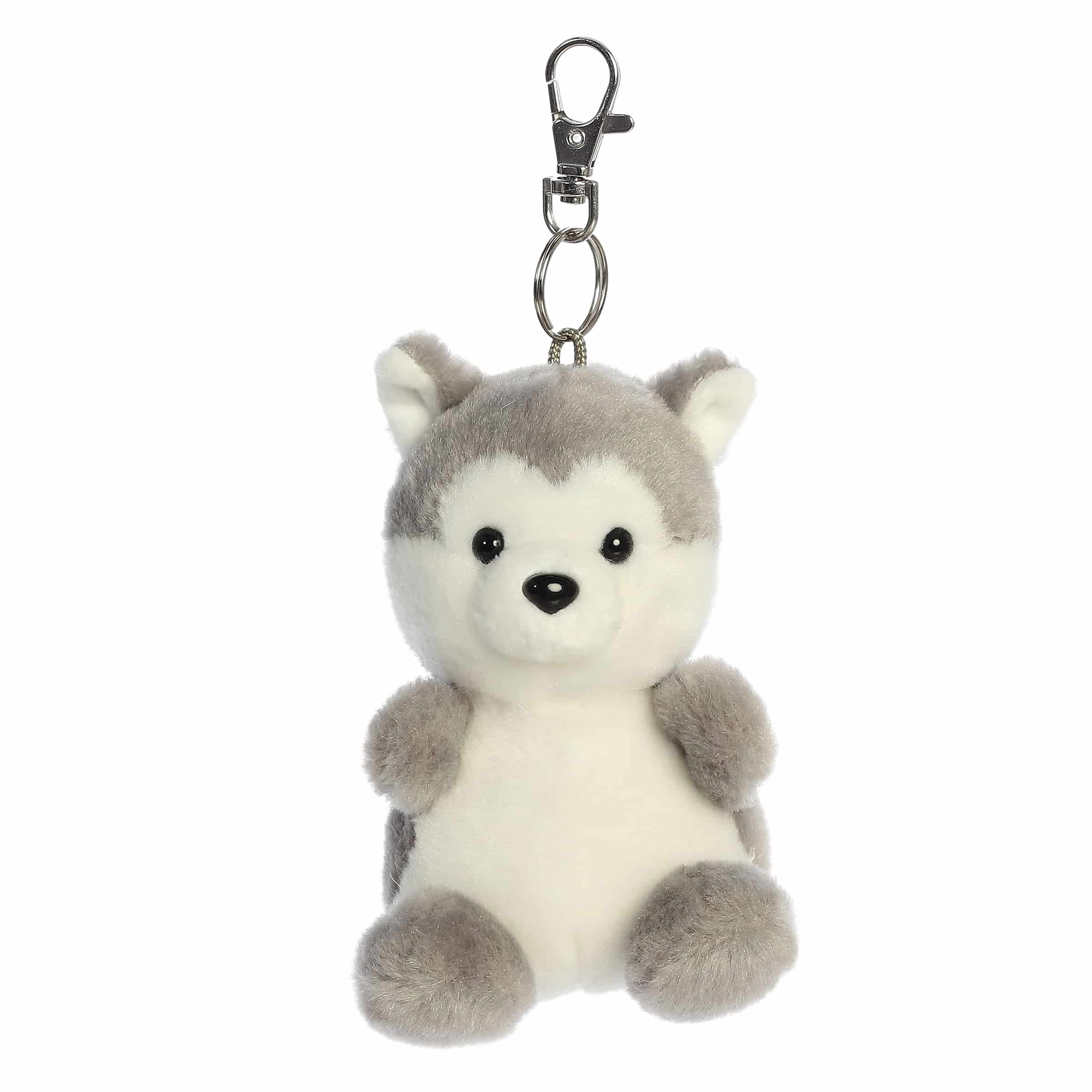 Husky plush Clip-On from Palm Pals, featuring a sleek gray and white body with fluffy patches and an endearing face