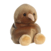 Plush toy of a brown kiwi bird by Palm Pals with a tan beak, round body, and light brown feet.