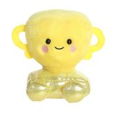 Plush toy of a yellow trophy by Palm Pals with stitched arms, sparkling legs, and a happy face.