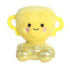 Plush toy of a yellow trophy by Palm Pals with stitched arms, sparkling legs, and a happy face.