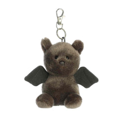 Plush keychain of a gray bat by Palm Pals with black wings, small ears, and round embroidered eyes.