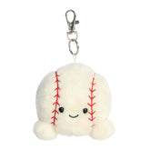Plush keychain of a white baseball by Palm Pals with red stitching, a smile, and soft arms.