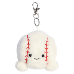 Plush keychain of a white baseball by Palm Pals with red stitching, a smile, and soft arms.