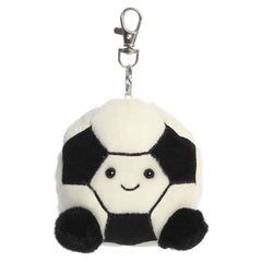 Plush keychain of a black-and-white soccer ball by Palm Pals with stitched feet and a happy smile.