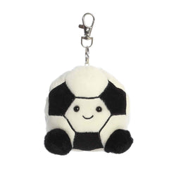 Plush keychain of a black-and-white soccer ball by Palm Pals with stitched feet and a happy smile.