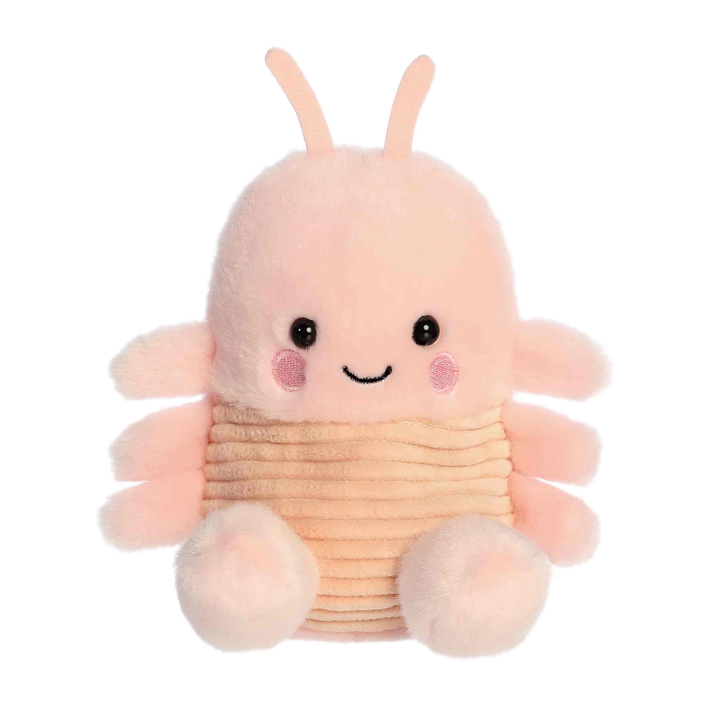 A small pink plush shrimp with rosy cheeks and a ribbed belly from the Palm Pals collection by Aurora.