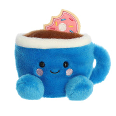 A small blue coffee mug plush with a pink donut inside from Palm Pals by Aurora.