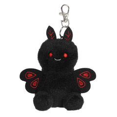 A small black mothman plush clip-on with red eyes and embroidered crimson wings from Palm Pals