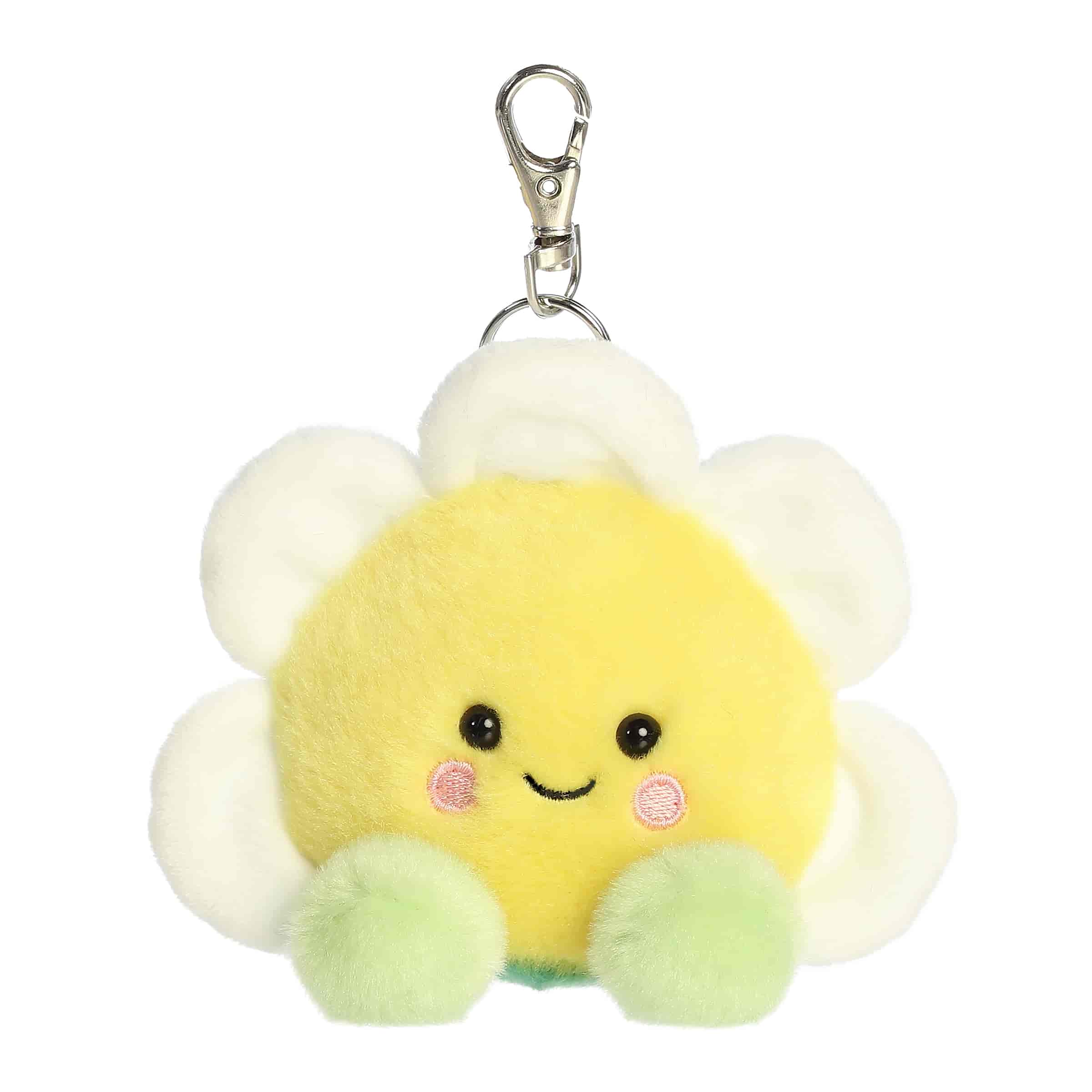 A small yellow daisy plush clip-on with white petals and green feet from Palm Pals by Aurora.