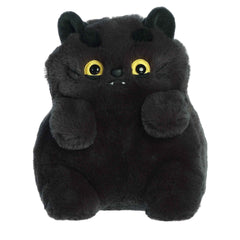 Storm plush MewMews, soft black fur, captivating yellow eyes, contemplative expression, with personality booklet and sticker