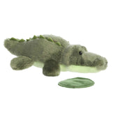 Plush toy of an Alligator from the Shoulderkins collection with a magnetic base and a fabric-covered metal plate.