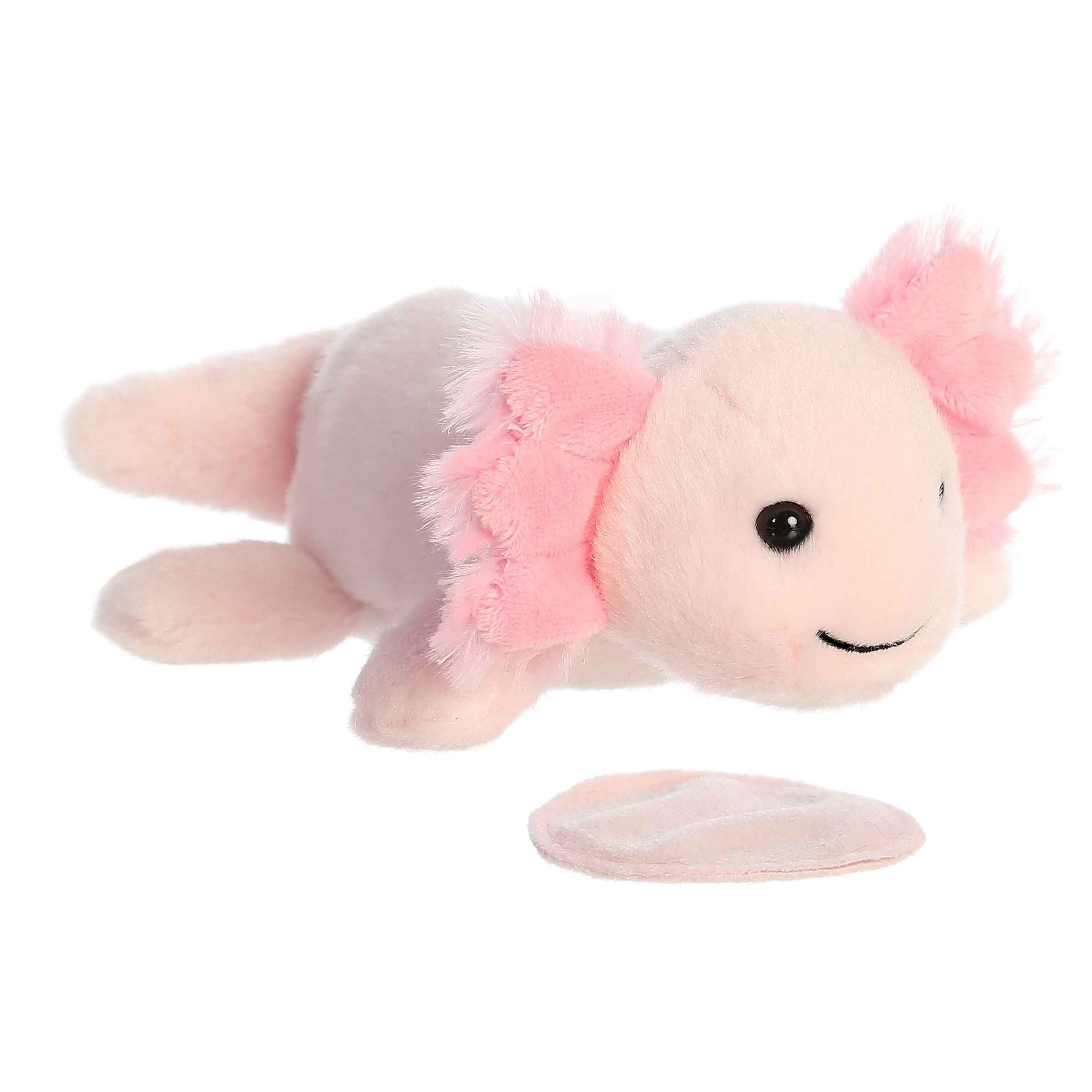 Plush toy of Axel Axolotl from the Shoulderkins collection with a magnetic base and soft pink body.