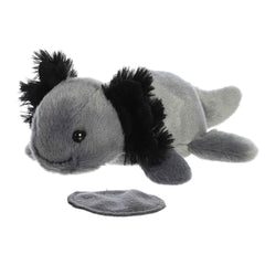 Plush toy of Ebon Black Axolotl from the Shoulderkins collection with a magnetic base and soft black body.