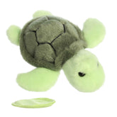 Plush toy of Saavy Sea Turtle from the Shoulderkins collection with a green body, detailed shell, and magnetic base.