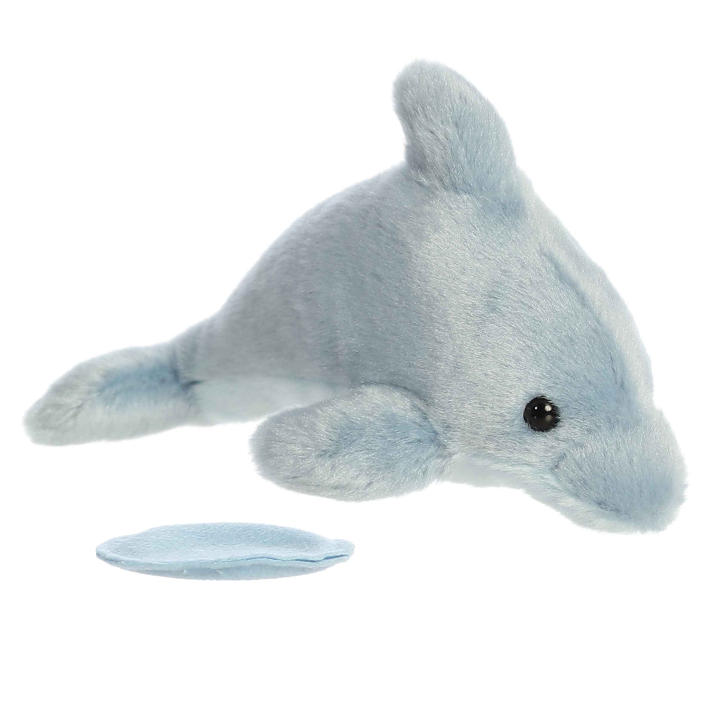 Plush toy of Dancing Dolphin from the Shoulderkins collection with a soft blue body and magnetic base.