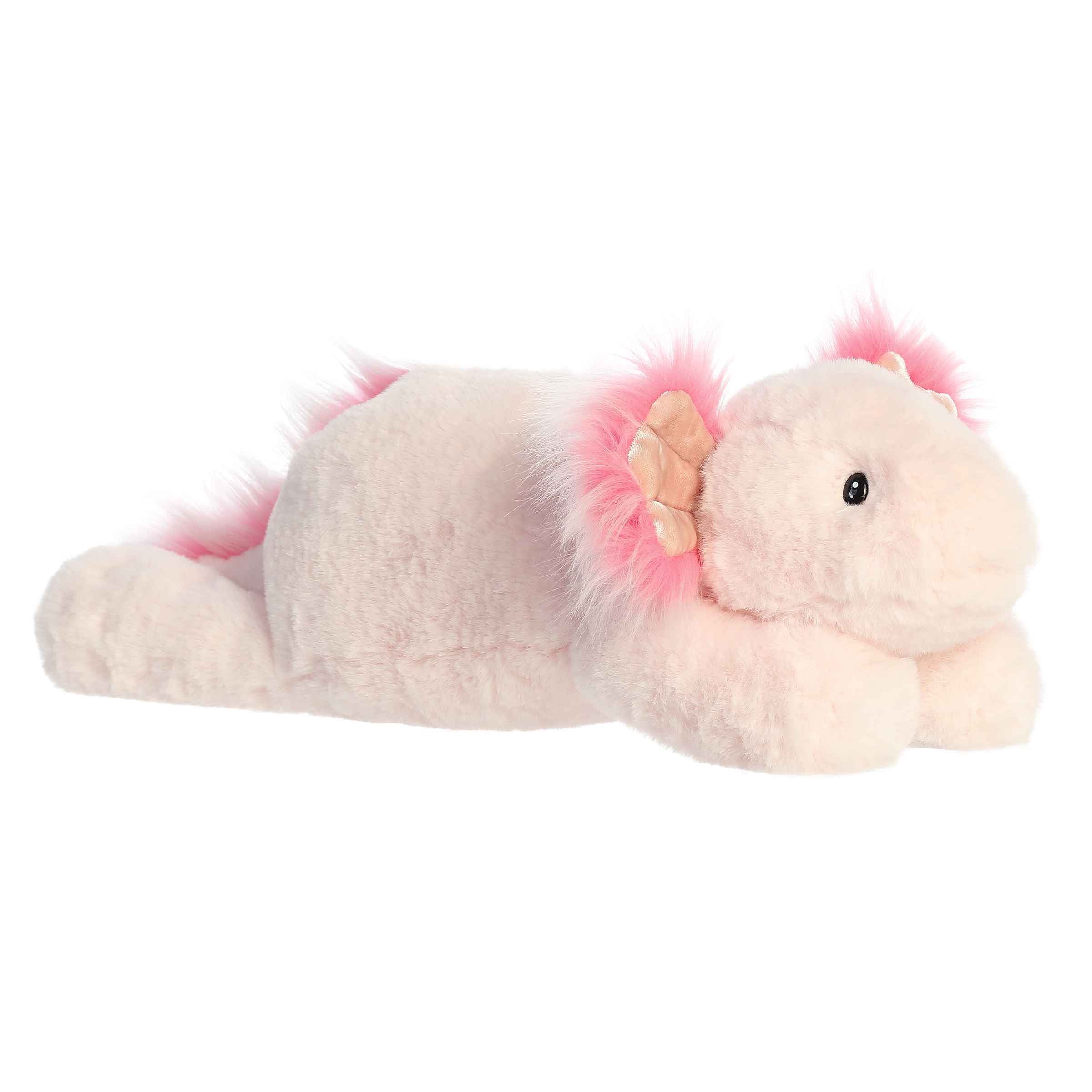 Plush toy of Ace Axolotl from the Snoozles collection with soft, velvety fur and an adorable, peaceful expression.