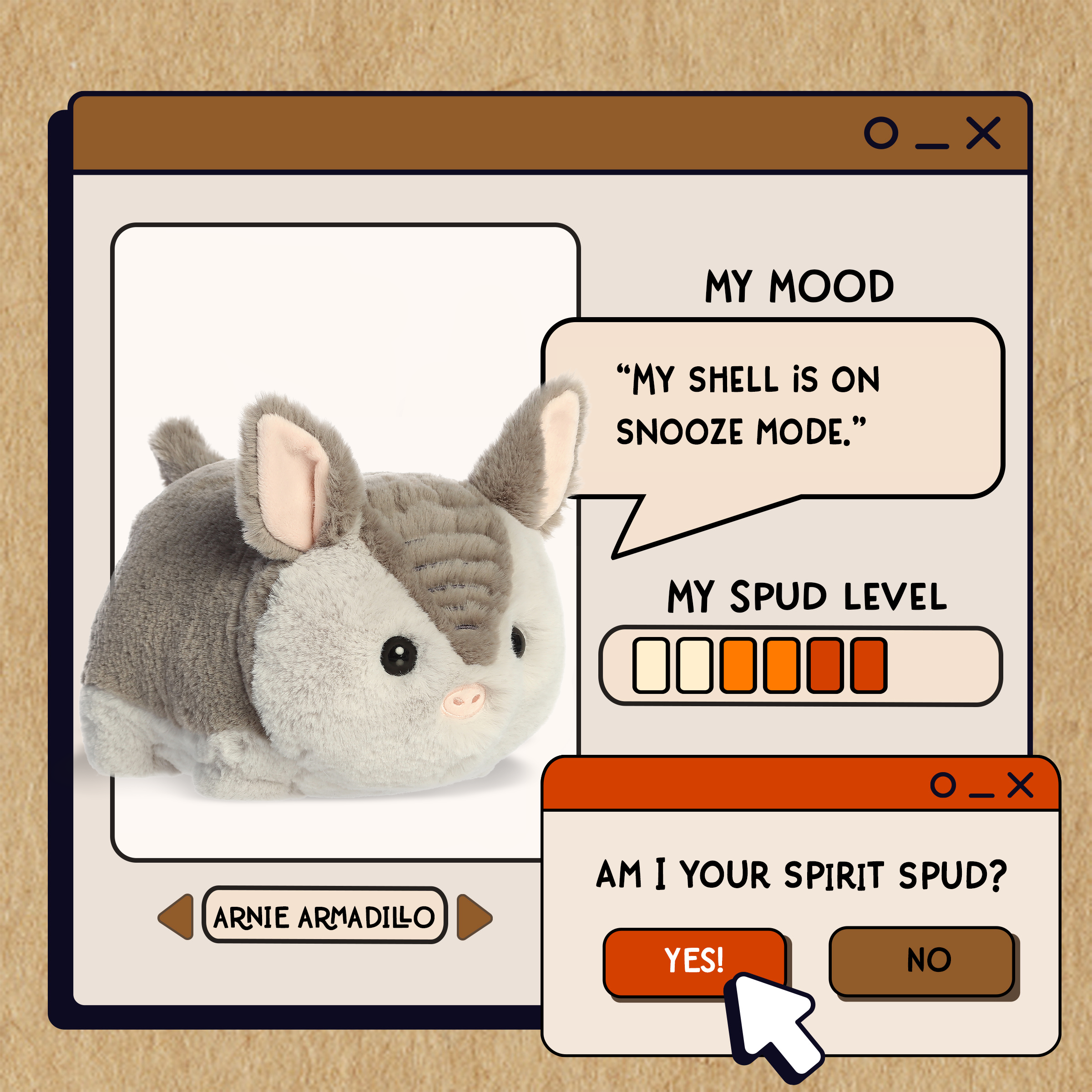 A spudsters product card for the Arnie Armadillo plush by Aurora