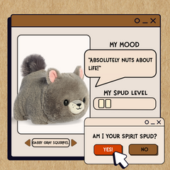 A spudsters product card for the Gabby Gray Squirrel plush by Aurora