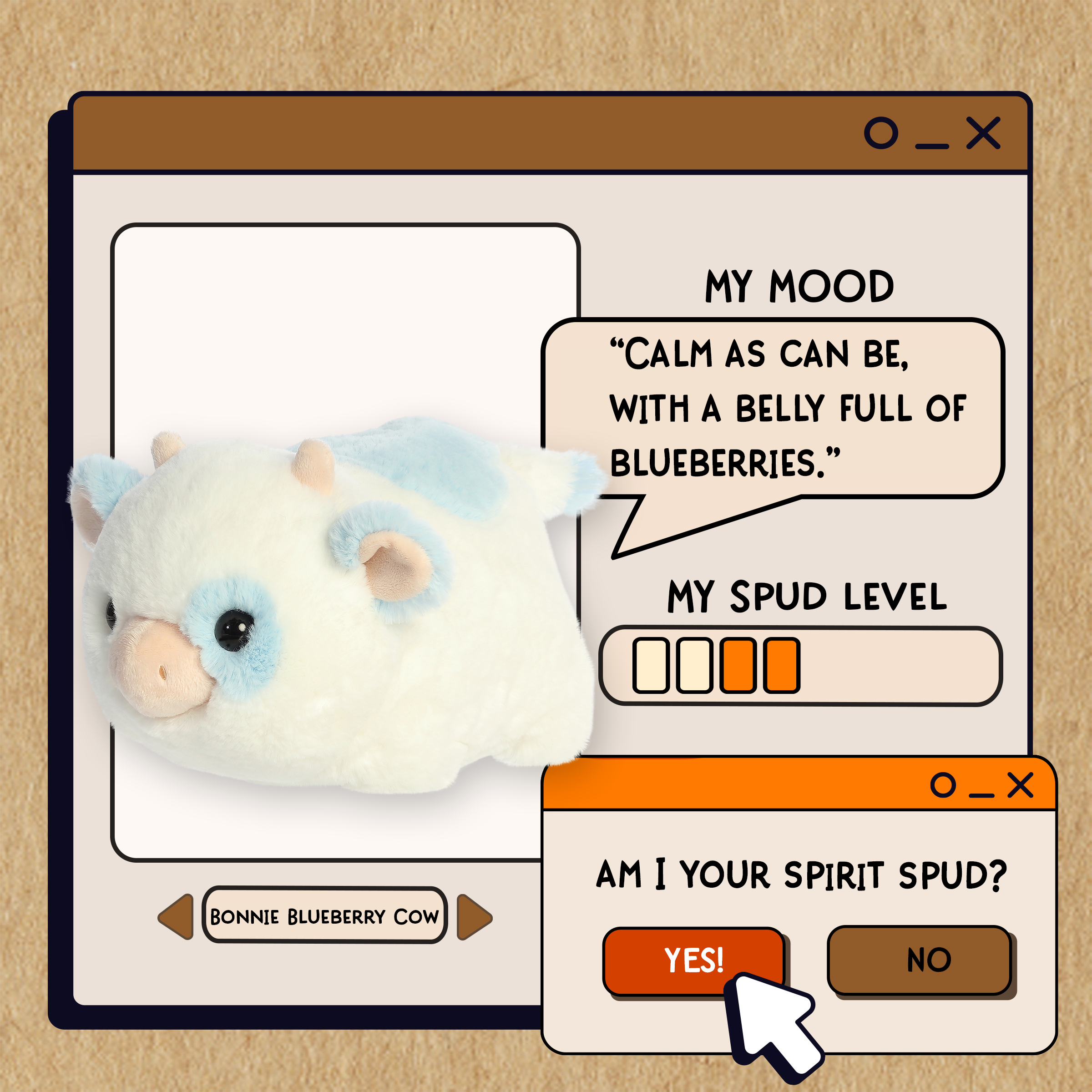 A spudsters product card for the Bonnie Blueberry Cow plush by Aurora