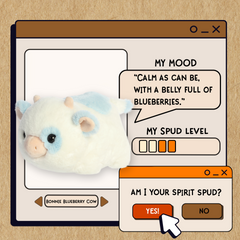 A spudsters product card for the Bonnie Blueberry Cow plush by Aurora