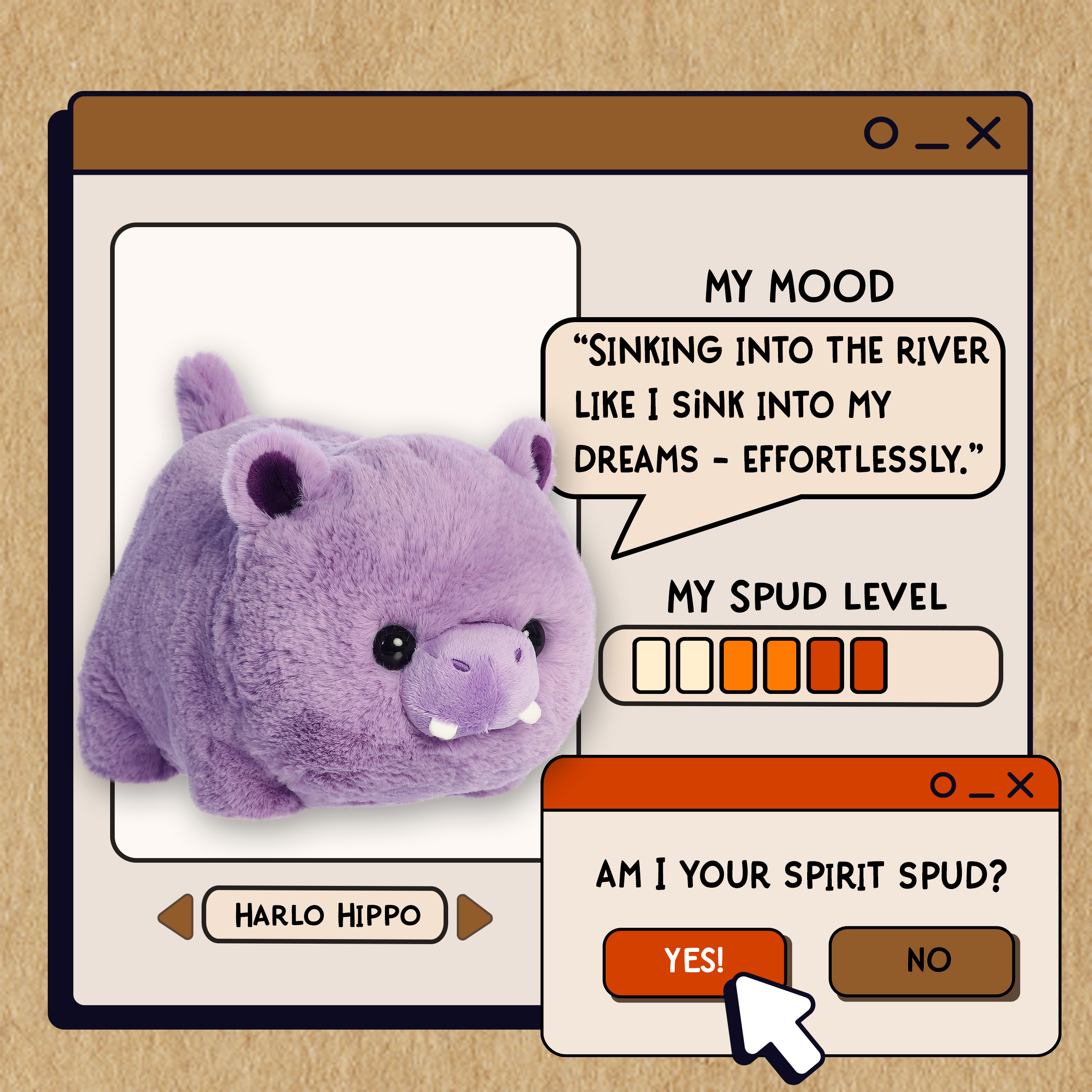 A spudsters product card for the Harlo Hippo plush by Aurora