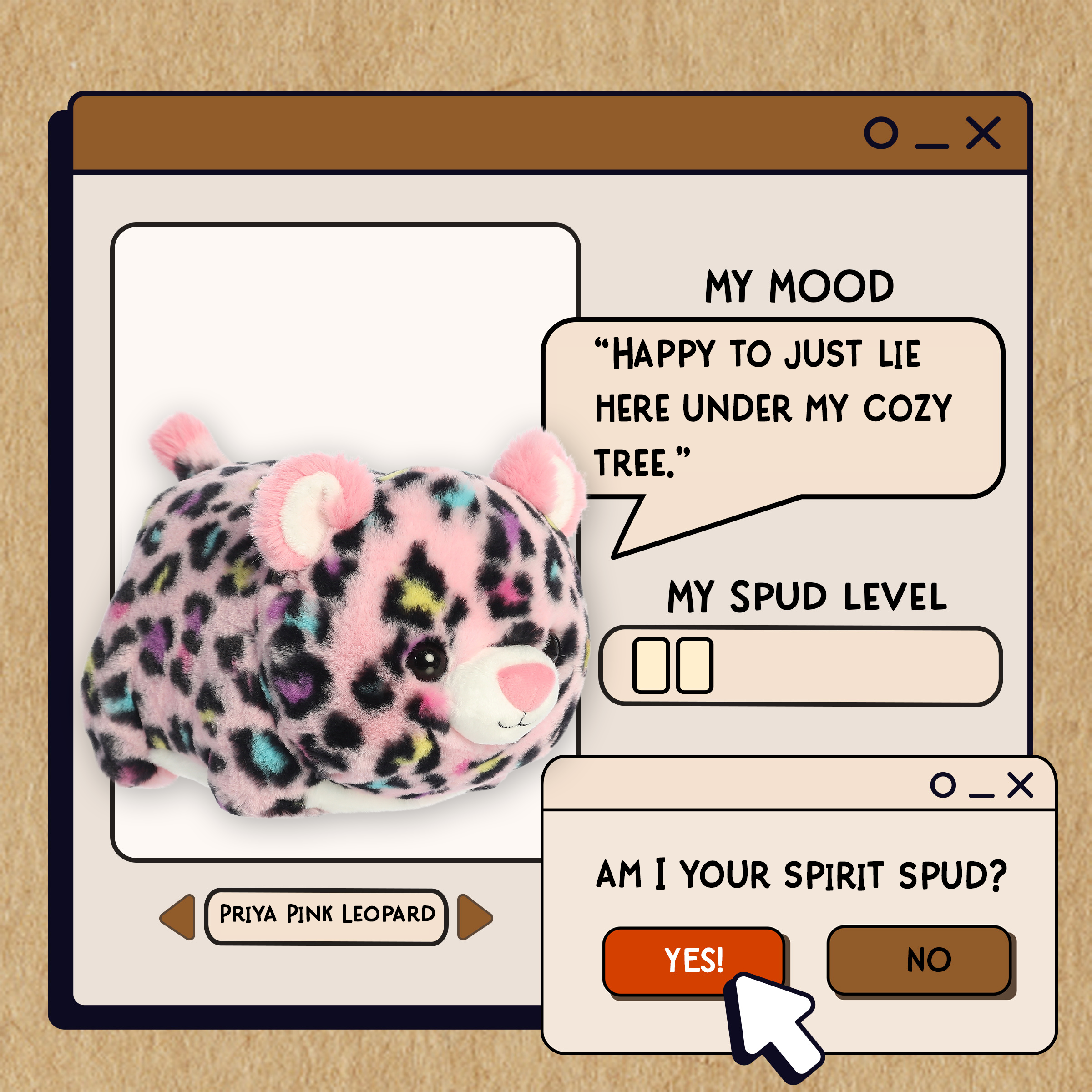 A spudsters product card for the Priya Pink Leopard plush by Aurora