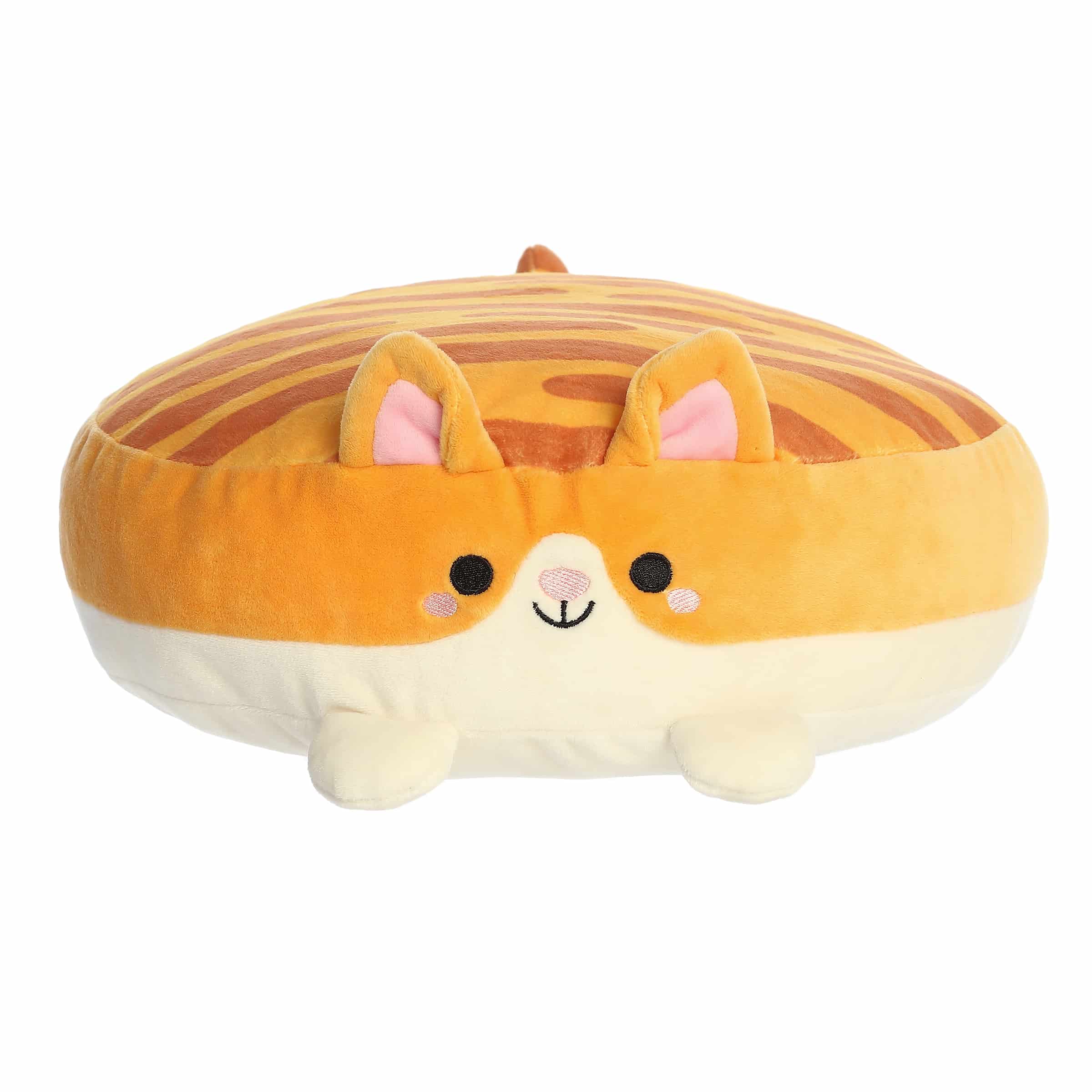 Cat plush from the Flapjacks collection, designed as a pancake-flat orange tabby cat