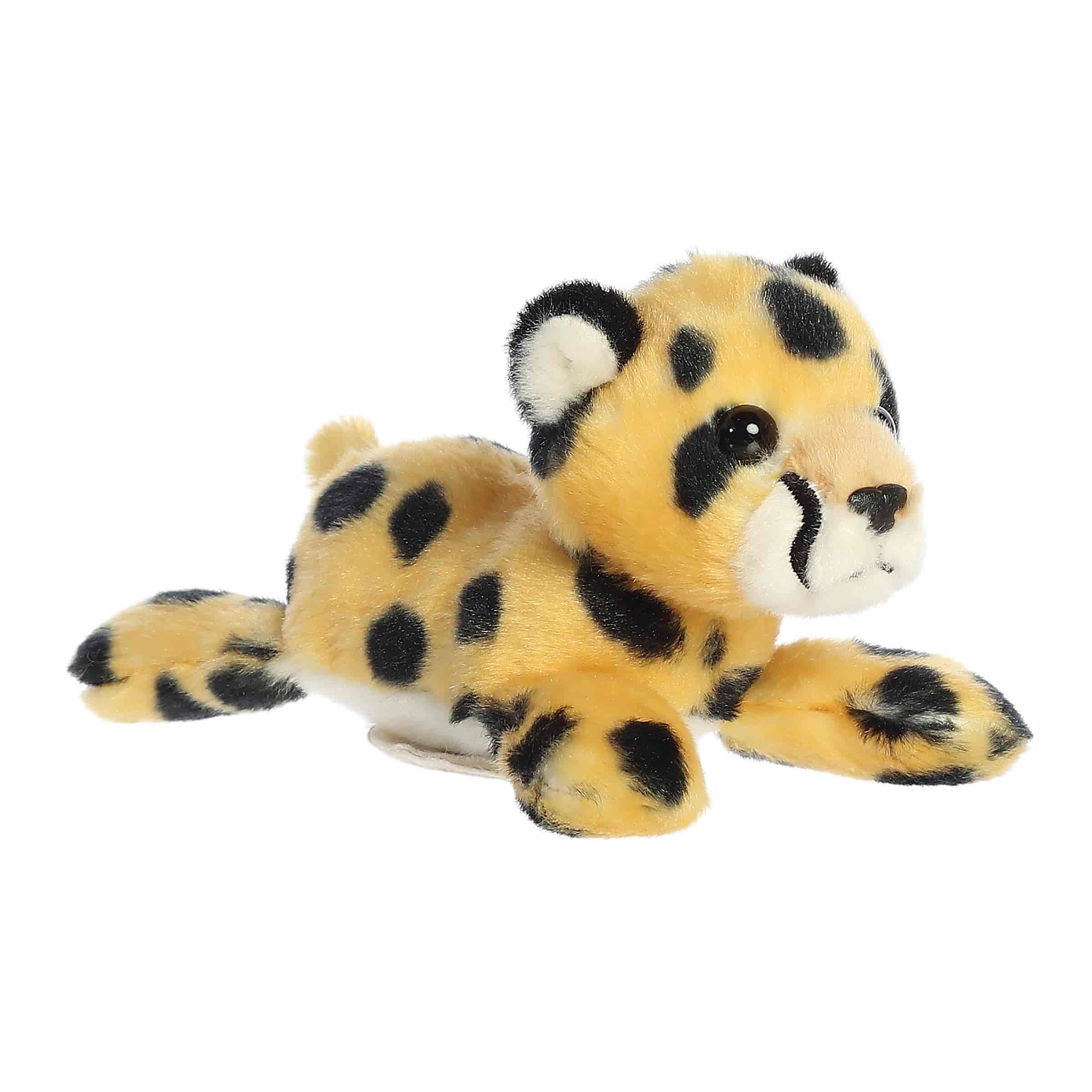 A golden cheetah plush with black spots and a magnetic base from the Shoulderkins collection by Aurora.